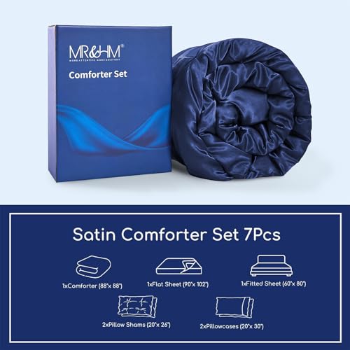 MR&HM Satin Comforter Queen 7 Pieces - Luxurious Pinch Pleat Bedding Set with Comforter, Flat Sheet, Fitted Sheet, Pillowcases & Shams, Super Silky Soft Bed Set for All Season (Queen, Navy Blue)