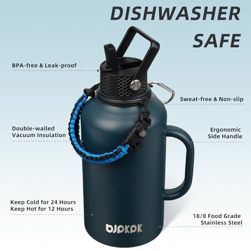 Image of BJPKPK Half Gallon Insulated Water Bottles with Straw Lid & Side Handle, 64oz Large, Stainless Steel Water Bottles with 3 Lids and Paracord Strap, Metal Water Jug,Navy Blue