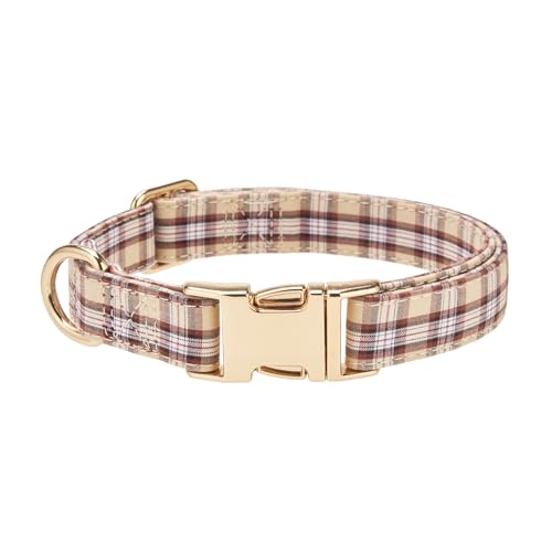 YUDOTE Tan Beige Plaid Dog Collar,Neutral Tartan Puppy Colla