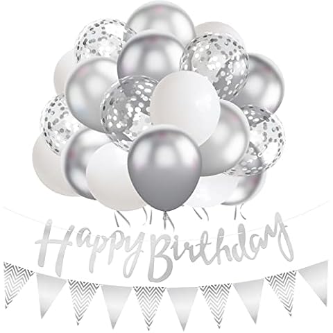 Silver Birthday Balloons Decorations, 60PCS 12Inch Balloons with Happy Birthday Banner Silver Latex & Confetti Balloons Birthday Bunting Flag Banner for Boys Girls Birthday Baby Shower Party Supplies Cover