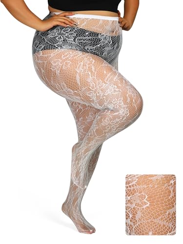 ANNTXL Floral Lace Plus Size Tights High Waist Velvet Pantyhose Sunflower Fishnet Stockings Leggings