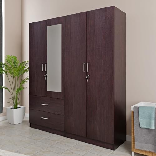 Image of VIKI Wardrobe |Wooden Almirah for 4 Door 2 Drawer with Shelves & Hanging Space Mirror Wardrobe (Dark Wenge - 40D x 160W x 180.8H) | 1 Year Warranty | Free Assembly