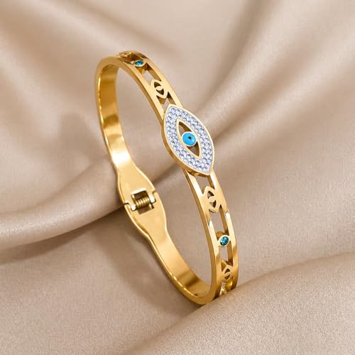 Image of Stylish Gold Plated Bangle for Women | Daily Use Stainless Steel Kada | Anti-Tarnish Waterproof Cuff | Multicolour Crystal Evil Eye | Daily Wear Bracelet For Womens | Premium Gift For Girl