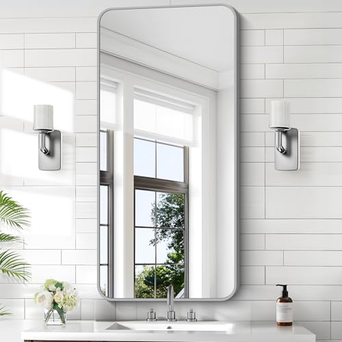 Image of KOCUUY Silver Bathroom Mirror, 24x48 Inch Bathroom Mirror for Over Sink, HD Tempered Glass, Anti-Rust Brushed Silver Frame, Rounded Corner Modern Design for Bathroom, Hang Horizontal /Vertical