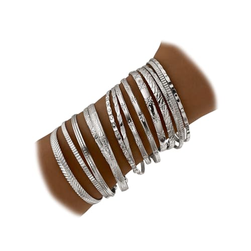 IFKM Silver Bangles Bracelets For Women, Silver Multi Layer Stackable Open Bracelet Set, Elegance...