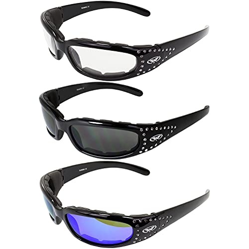 Global Vision 3 Pairs of Marilyn-3 Women's Ladies Padded Motorcycle Sunglasses Bling Black Studded Frames Clear Smoke & G-Tech Blue Mirror Lenses
