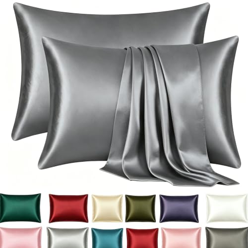 Luxury Satin Pillow Case 2 Pack Pillowcase for Hair and Skin Satin Pillow Covers with Zipper Closure (King(20"x36"), Dark Grey)