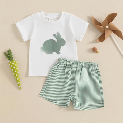 Image of Toddler Baby Boy Easter Rabbit Outfit Short Sleeve Bunny Carrot Smocked T-shirt Elastic Waist Shorts Summer Clothes