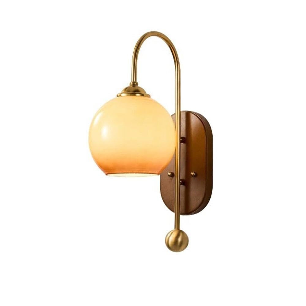 CWCQGH Retro Wood Wall Lamp Modern Antique Brass Finish Wall Light Hand-Blown Glass Shade, Wabi Sabi Nordic Solid Wood Wall Sconce for Bedroom Bedside Study Stairs Hallway Kitch,A