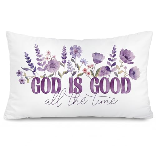 SkyCozy Purple Decor for Bedroom, Purple Floral Christian Decorative 12x20 Pillow Cover, God is Good All The Time Bible Verse Throw Pillow Covers Pillowcases for Home Living Room Bedroom Decor