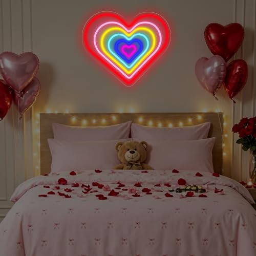 Image of Rainbow Heart Neon Sign Romantic Love LED Light Gift Anniversary for Lover Valentines Gift Idea Home Wall Art Room Decoration, 15.7 inchx13.4 inch