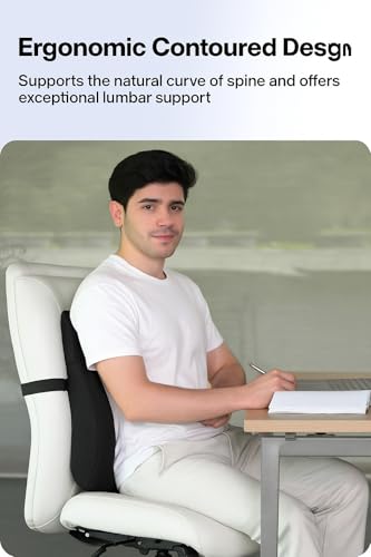 Image of Lumber Support Pillow for Office Chair & Car | Memory Foam Back Cushion for Lower Back Pain Relief | Eargonomic Support with Adjustable Strap & Washable Black Cover | Pack of 1