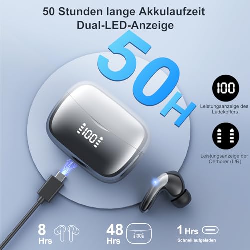 Bluetooth Kopfhörer, Kopfhörer Kabellos Bluetooth 5.3 mit 4 Mikrofon, 50 std Spielzeit mit Tiefer Bass, ENC Noise Cancelling In Ear Kopfhörer, IP7 Wasserdicht Ohrhörer, LED Anzeige, Für iOS/Android – Bild 5