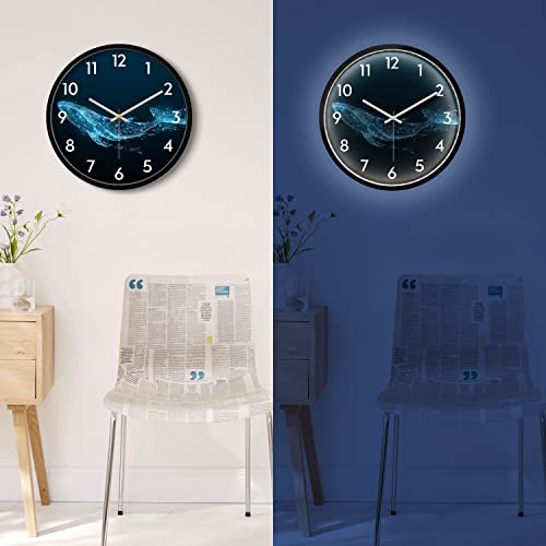 Luminous Wall Clock Silent Night Light Clocks Blue Whale Glow In The Dark Modern Light Up Non-Ticking Kids Clocks Large Quiet Smart Wall Light Clock For Living Room Bedroom Bathroom Decor 12 Inch #TOP2