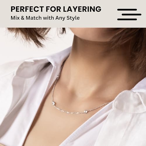 KISPER 925 Sterling Silver Station Necklace for Women CZ Cubic Zirconia Diamond by The Yard Bezel Set Chain 14K Gold Plated Layering Jewelry 15"+3"4