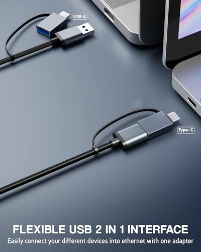 Image of FEDUS 1GIGA 2-in-1 Gigabit Type C to Ethernet Adapter, USB 3.0 to LAN Ethernet Adapter, USB to LAN Converter for Windows, Mac, LAN Connector for Laptop, Desktop, Type c to LAN