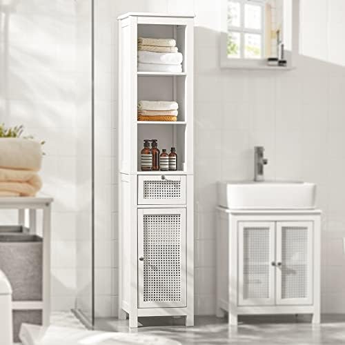 Haotian BZR36-W, White Tall Bathroom Cabinet with Open Shelves, Drawer and Rattan Door