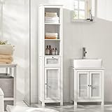 Haotian BZR36-W, White Tall Bathroom Cabinet with Open Shelves, Drawer and Rattan Door