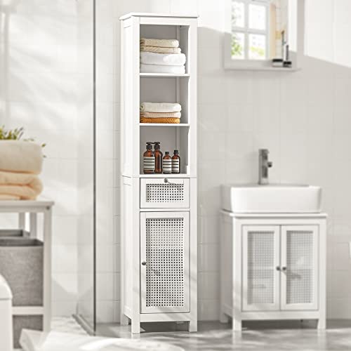 Haotian Bzr36-W, White Tall Bathroom Cabinet With Open Shelves, Drawer And Rattan Door #TOP30
