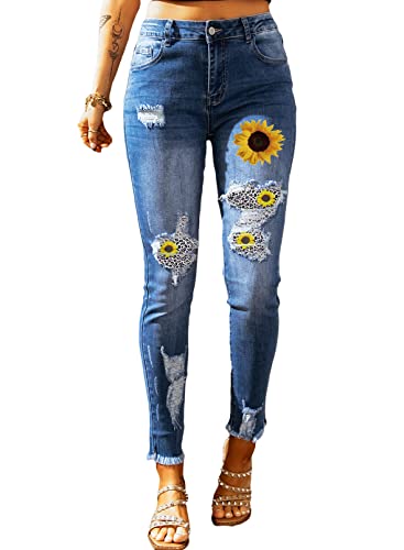Evaless Womens Boyfriend Ripped Jeans High Rise Democracy Distressed Mom Jeans Sun Flower Print Skinny Bootcut Patchwork Denim Pants Sky Blue Large #TOP7