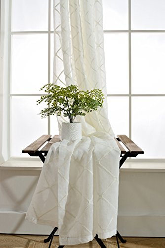 Pureaqu Embroidered Geometric Voile Classic Sheer White Curtains For Bedroom Lattice Pattern Faux Linen Window Gauze Yarn For Living Room French Doors Rod Pocket Top 1 Panel W39 X H84 Inch #TOP1