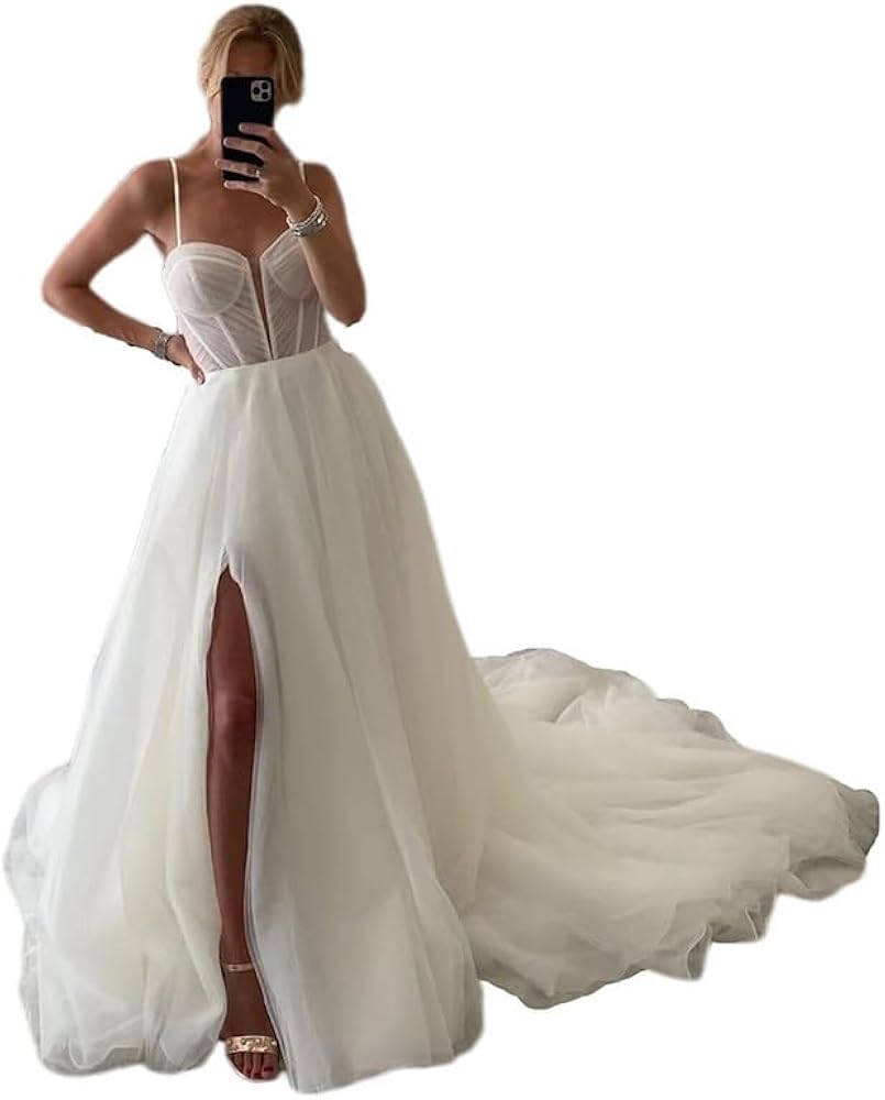 OAHGNIJ A Line Ivory Wedding Dresses for Bride 2025 Spaghetti Straps Tulle  Beach Bride Dress with Train LSW120 0 at Amazon Women's Clothing store