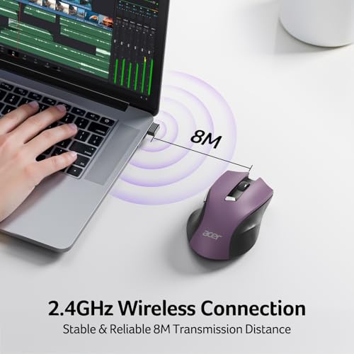 Image of Acer Wireless Mouse for Laptop, 2.4GHz Computer Mouse 3 Adjustable DPI Office Cordless USB Mice with USBA Receiver, 6 Buttons, 1600 DPI, Medium to Large Sized Hands (Purple)