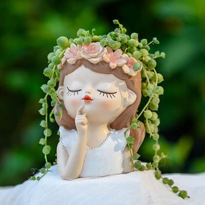 Cute Head Planter Resin Succulent Planter Little Girl Flower Pot, Human Face Cactus Plants Container Bonsai Holder Thumb Pot Fairy Figurine Statue Planters with Drainage Decor Gift (Thinking Girl)
