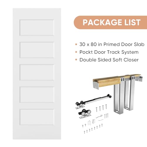 Image of BARNSMITH 30in x 80in Sliding Pocket Door, Track Hardware and Frame Kits with 5-Panel White Paintable Door Slab Included, Soft Close Mechanism, Durable and Smooth