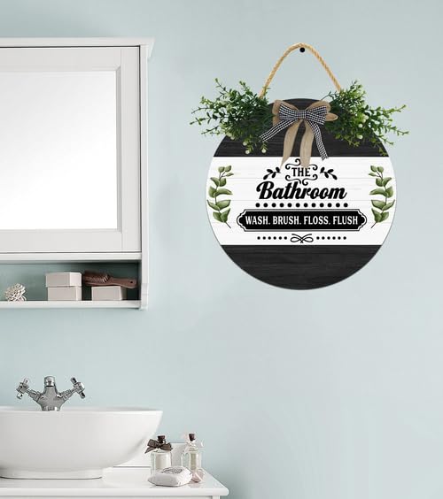 'The Bathroom Was Brush Floss Flush Sign For Bathroom Door', rustykalny okrągły drewniany wieniec, śmieszne znaki łazienkowe do drzwi, wiejskie znaki toaletowe dekoracja 30 cm