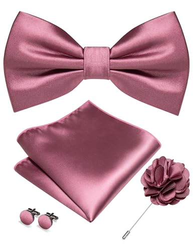 Image of RBOCOTT Solid Color Bow Tie and Pocket Square with Lapel Pin Cufflinks Set 4PCS