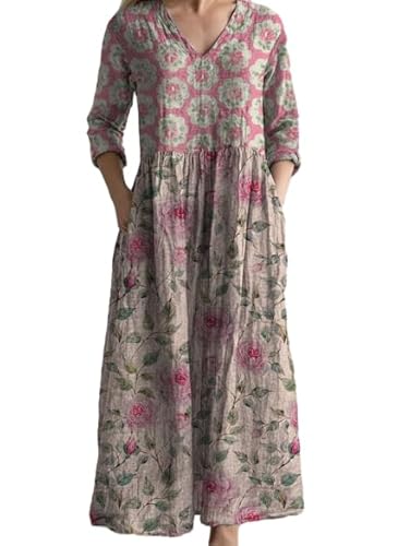 OSCORP Women's Pink Floral Color-Block Maxi Dress, Long Sleeve Loose