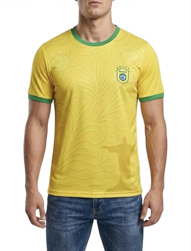 JYC CREATIVE - Camiseta de Fútbol de Brasil con Relieve de Río – Camiseta Deportiva Amarilla con Escudo de 5 Estrellas y Detalles Verdes, Regalo Unisex para Hombre y Mujer (BRASIL, XXL)