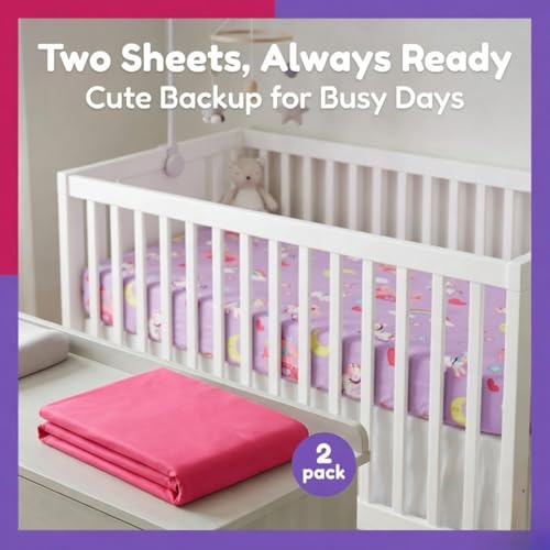 Image of EVERYDAY KIDS 2 Pack Fitted Girls Crib Sheet, 100% Soft Breathable Microfiber, Baby Sheet, Fits Standard Size Crib Mattress 28in x 52in, Nursery Sheet - Unicorns /Hot Pink