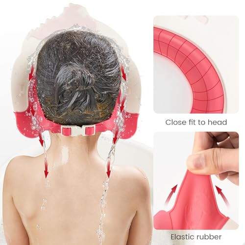 Image of FUNUPUP Baby Shower Cap for Kids, Baby Bath Shampoo Visor Cap Hair Washing Shield Adjustable, Red Dinosaur
