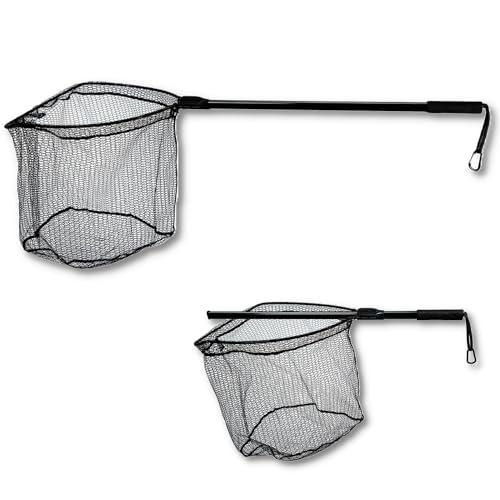 LMAB Einhand-Teleskopkescher - gummiert - Schnellverschluss, 2 Größen, Quick Out Landing Net, Kescher Angeln gummiert, Angel-Kescher, Kescher gummiert, Teleskop Kescher (M - 60x50x50 cm Kescherkopf)