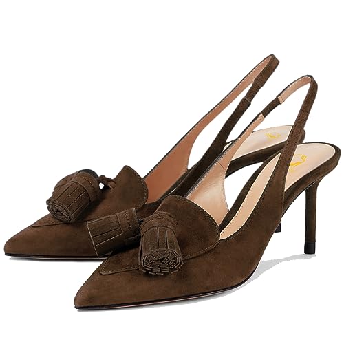 SHODENSE Women Kitten Heel Slingback Pumps Pointed Toe Suede Elastic Ankle Strap Sandals Fringe Closed Pointy Toe High Heels Stiletto Pumps Tassel Backless Dress Shoes Office Ladies Elegant 4-11 M US