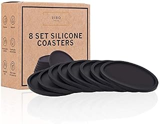 Set of 8 Black Drink Coasters by BIBO London. Heatproof Drinks Mats - Protecting All Table Surfaces Including Wood, Glass, Marble, Stone