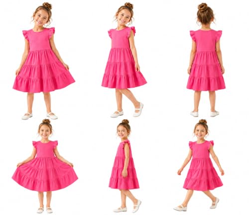 Image of HILEELANG Girls Cotton Tiered Dress Flutter Ruffle Sleeve Summer Swing Sundress Birthday Party Casual Outfit Colorblock 2-12Y