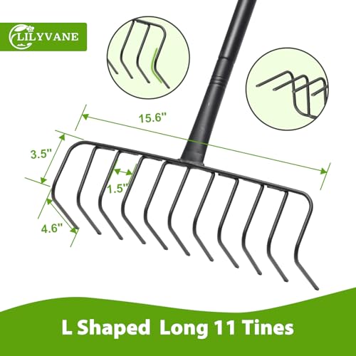 Garden Rake, Heavy Duty Rake with 11 Tines, 51 Inch Handle, 16 Inch Wide, Metal Garden Thatch Leaf Rakes for Raking Gathering Mulch,Metal Thatch Rakes for Lawn Yard Bushes Pine Needles Leaves Grass