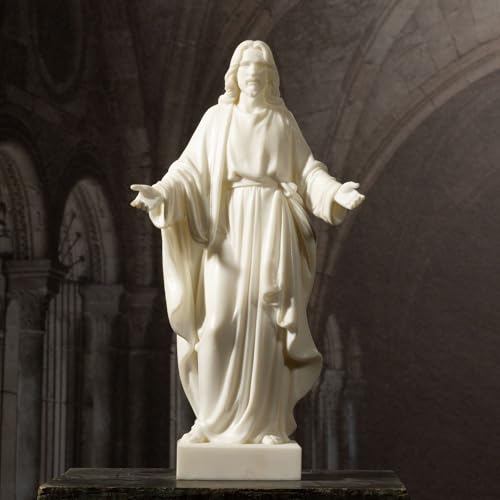 12inch Jesus Statue White Marble Jesus Christ with Open Arms Religious Home Decor Resin Sculpture Christian Home Décor