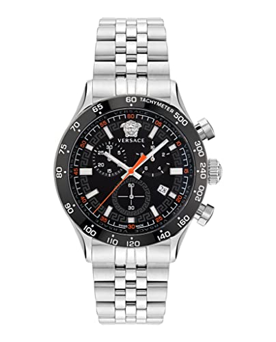 Versace Hellenyium Chrono Collection Luxury Mens Watch Timepieces with a Silver Bracelet Featuring a Stainless Steel Case and a Black Dial