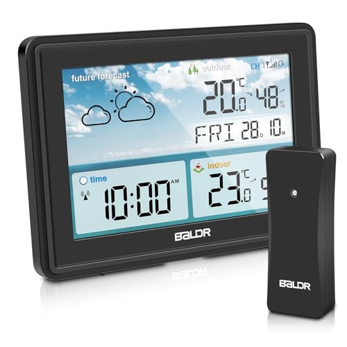 PlayDen Wetterstation Funk mit Außensensor, Thermometer Innen Außen, Hygrometer mit Wettervorhersage, Farbdisplay, DCF Funkuhr mit Wecker, Temperaturwarnung, zum Stellen/Hängen