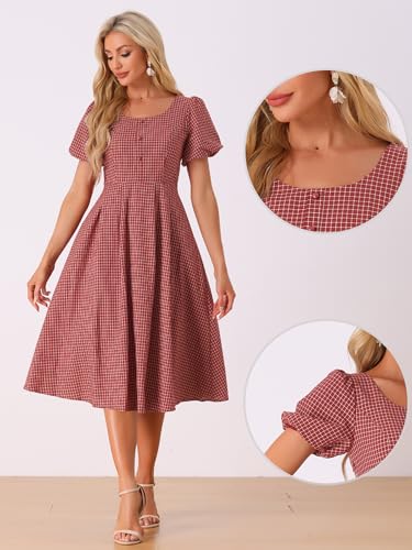 Image of Allegra K Plaid Dress for Women Summer Smocked Back Round Neck Puff Short Sleeve Flowy Midi Dresses