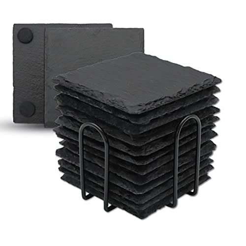 Getränkeuntersetzer mit Halter, VIBRATITE 10,2 cm schwarzer Schieferstein mit kratzfester Unterseite für Bar, Küche, Heimdekoration, quadratisch, 12 Stück