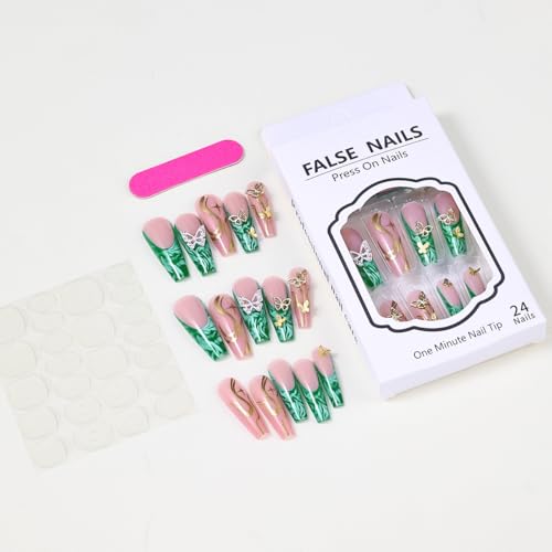 Ctthnbd Long Coffin Press On Nails Green Fake Nails French Tip False Nails With 3D Butterfly Design Glue On Nails Gold Line Full Cover Stick On Nails Christmas Acrylic Nails For Women Manicure 24Pcs thumb #4