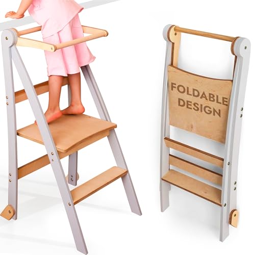 Goodevas Échelle d'apprentissage Montessori en bois peu encombrante : échelle d'apprentissage pliable, tabouret pour enfants, échelle d'apprentissage pliable avec protection anti-basculement