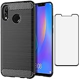 Asuwish Compatible with Huawei Nova 3i Case and Tempered Glass Screen Protector Cover Accessories Soft Silicone Phone Cases for Huwai P Smart Plus Hawaii Smart+ PSmart+ Hwauei 3 i Women Men Navy Black