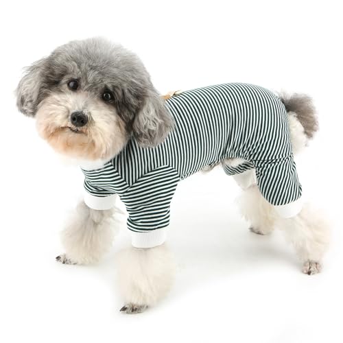 ZUNEA 犬服 春 夏 犬用 ロンパース つなぎ 小型犬 超小型犬用 パジャマ Dリング付き おしゃれ ボーダー柄 部屋着 寝間着 柔らかい 可愛い ストライプ ドッグウエア洋服 チワワ トイプードル 服 抜け毛防止 お出かけ お散歩 グリーン S