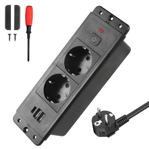 HTTYHT Toma de Empotrar de Sobremesa con Interruptor USB C PD20W Enchufes de Mesa Empotrable Regleta de Escritorio Empotrable con Cable de 1,7M para Muebles de Encimera de Mesa Casa o Oficina Negro